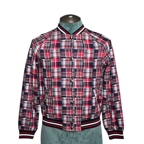 Tommy Hilfiger NWT Madras Plaid Varsity Jacket Size SP Red Blue Patchwork Cotton - Picture 1 of 11